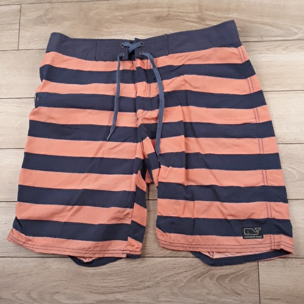 VINEYARD VINES‎ Pink Navy Striped Pattern Mens Sz 33 Swim Board Shorts